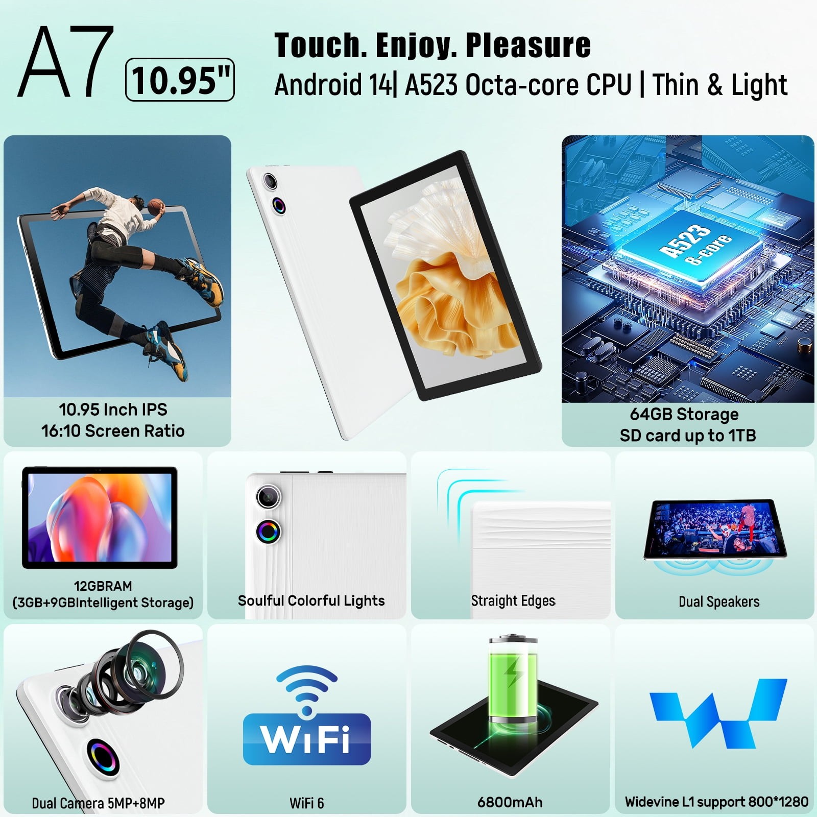 AEEZO Android 14 Tablet 11 inch 16GB RAM 128GB ROM Face Unlock 6800Amh Wi-Fi 6