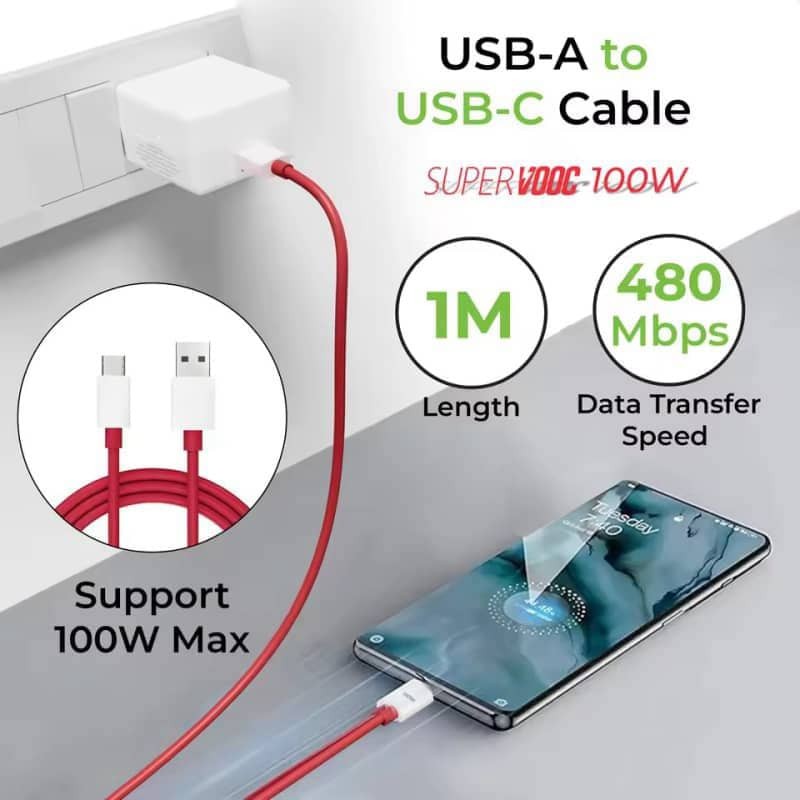 80W Max SuperVOOC Fast Charge Red Cable for OnePlus 12 11 10 Pro Nord 2 5G