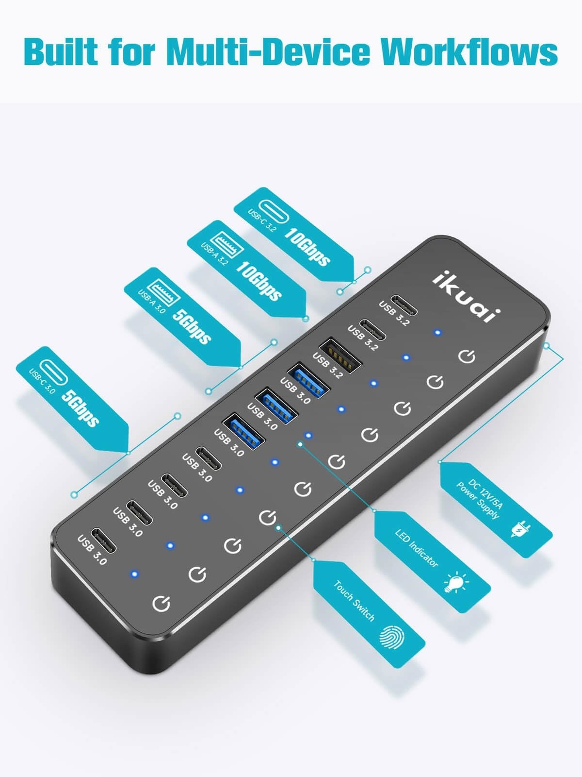 Powered USB Hub, ikuai 10-Port USB 3.2 / USB C Hub, with 3 10Gbps Data Ports …