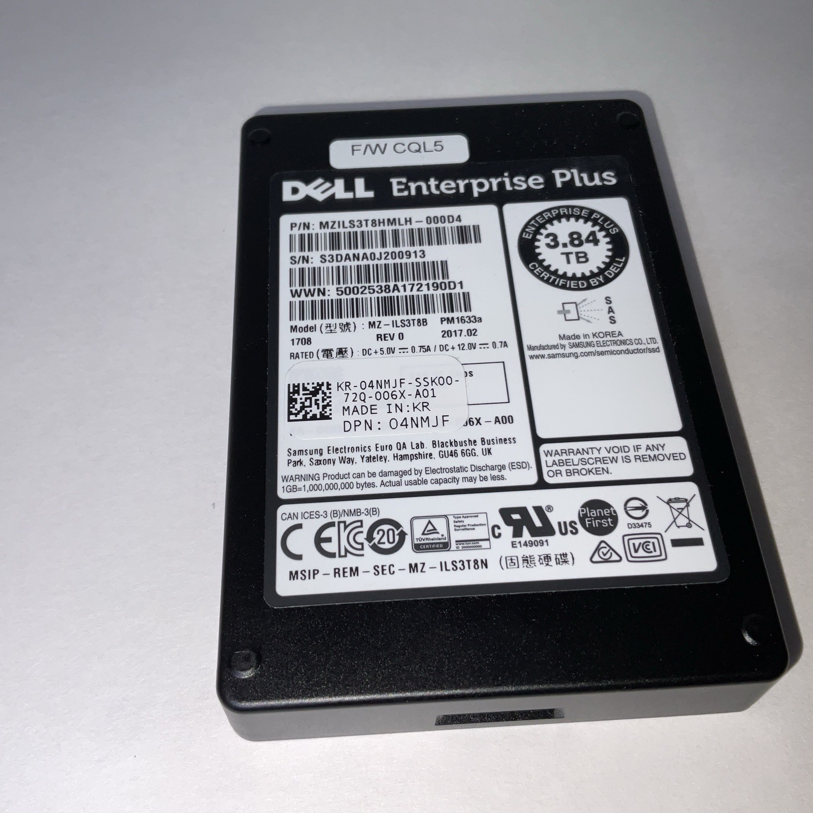 Dell 3.84 Tb 77% Or Higher SSD Life Remain MZILS3T8HMLH-000D4 Tested Working
