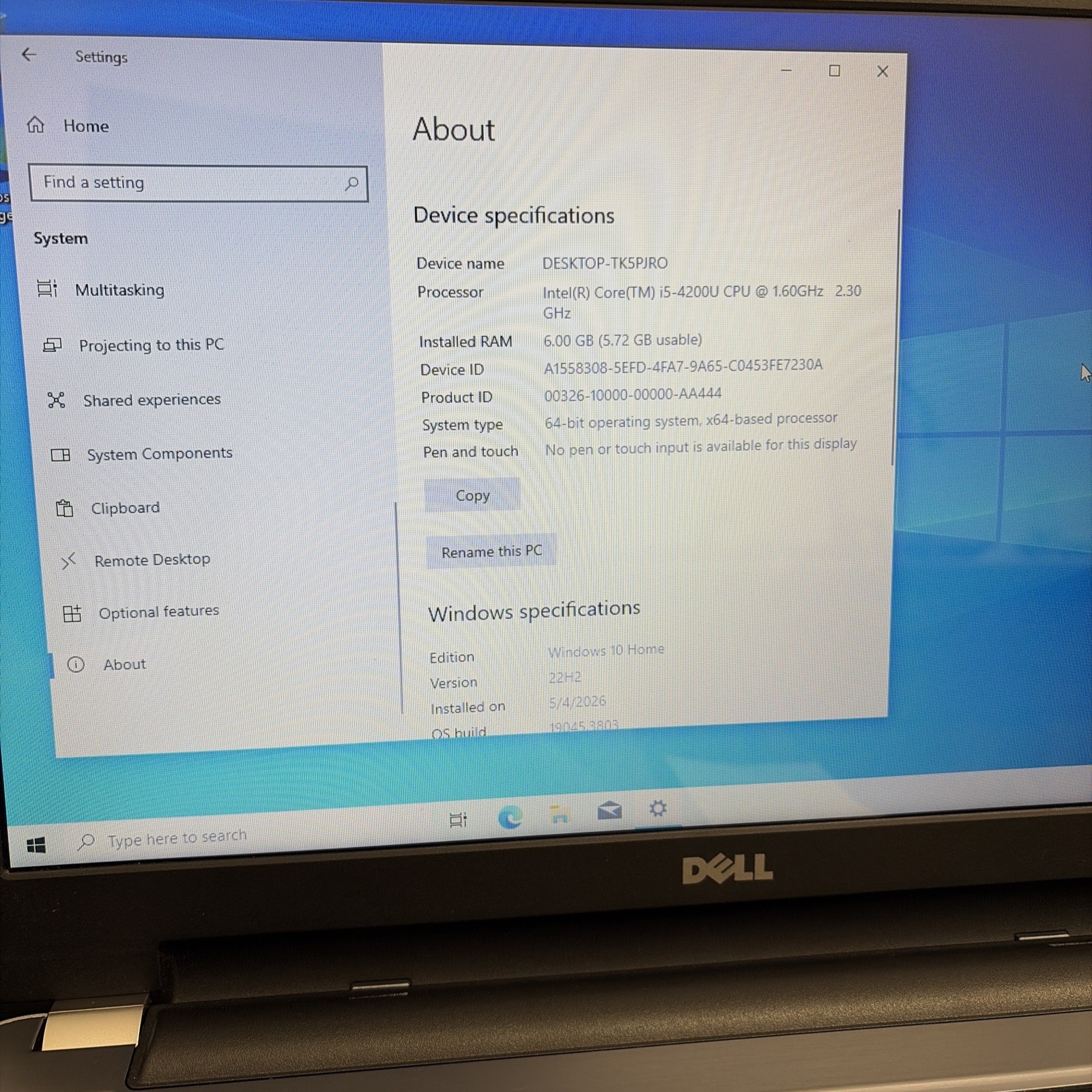 Dell Inspiron 15R Laptop Windows 10 Home Intel Core i5- 4200U L87