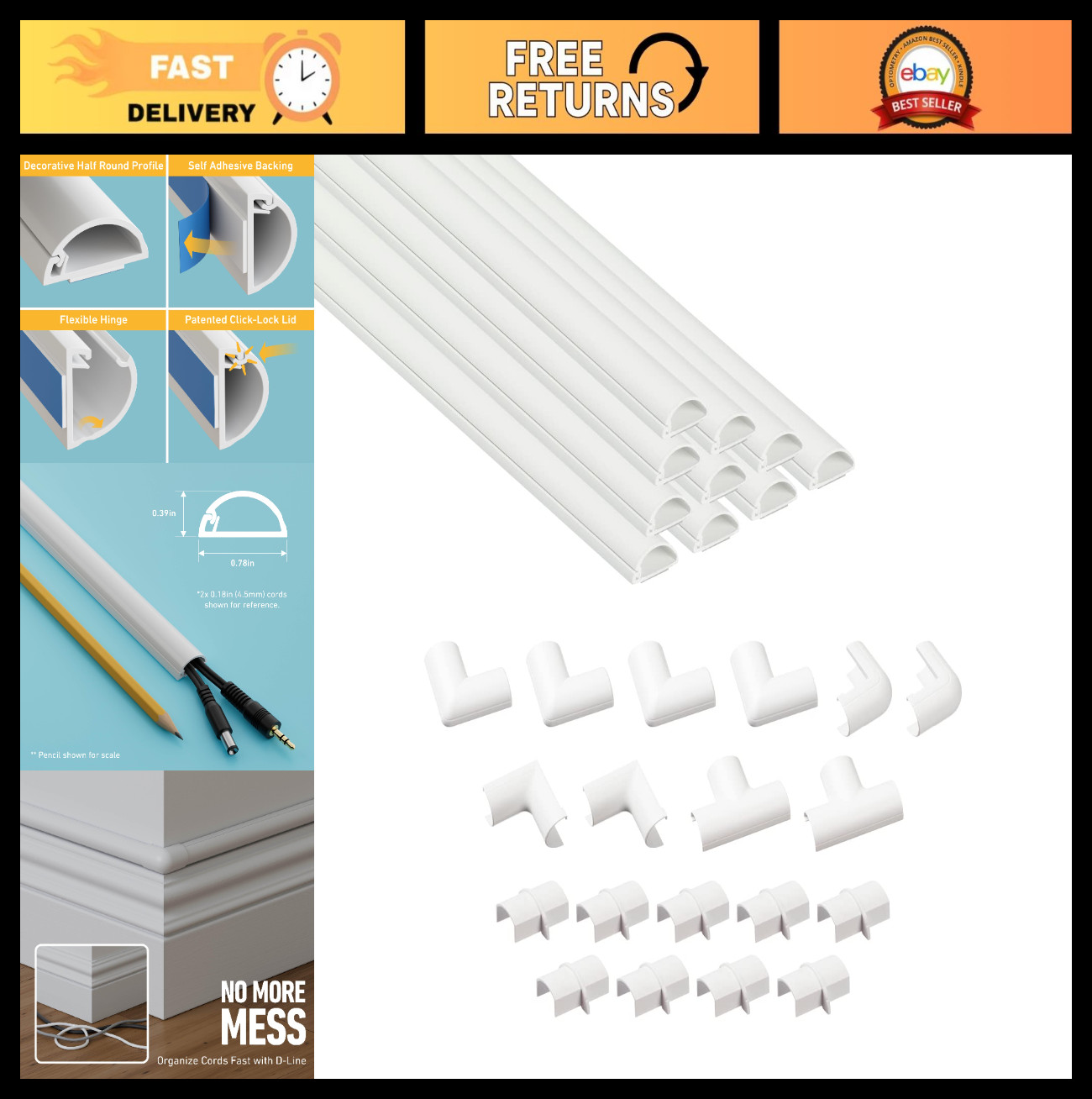 Cord Hider Cable Cover – Half Round Raceway for TV Wires, Paintable Adhesive Con