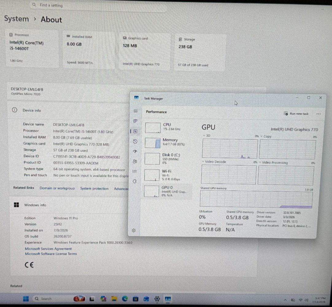 Dell Optiplex 7020 i5-14600T 8GB 1.80Ghz M2-256SSD Win11Pro