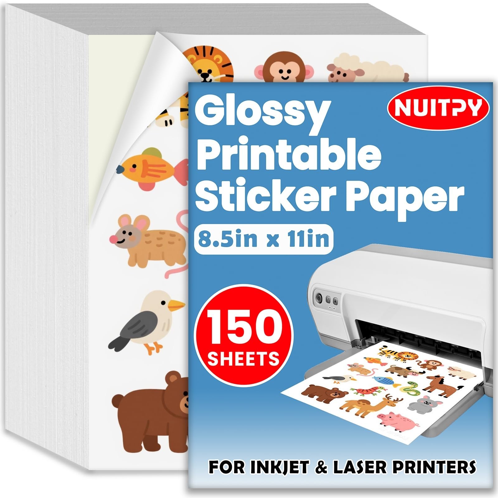 150 Sheets Glossy Sticker Paper 8.5″x11″ for Inkjet & Laser Printers, Quick-Dry,