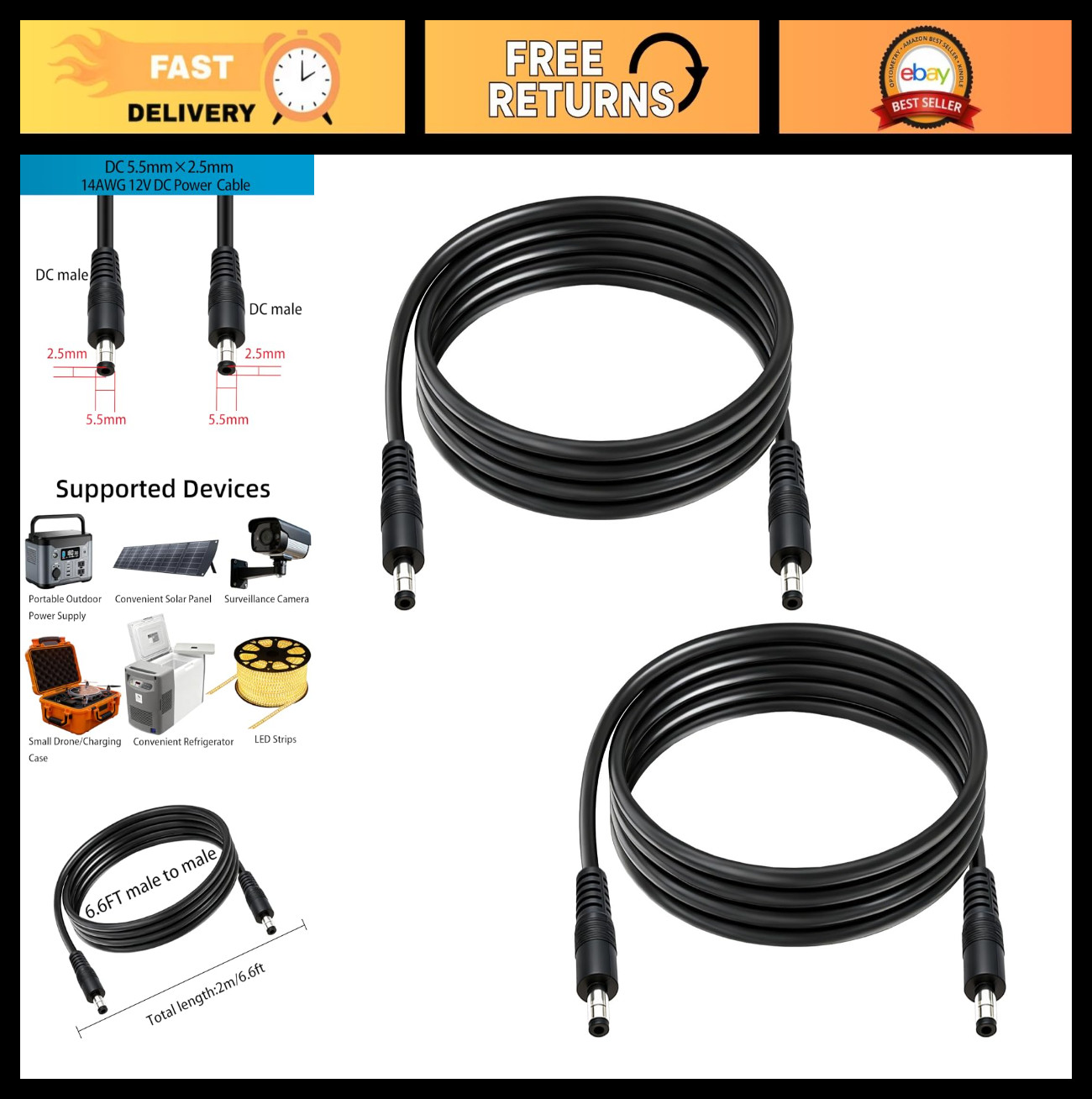 6.6ft DC Power Extension Cable 2-Pack, 5.5mm x 2.5mm Male to Male, 14AWG for CCT