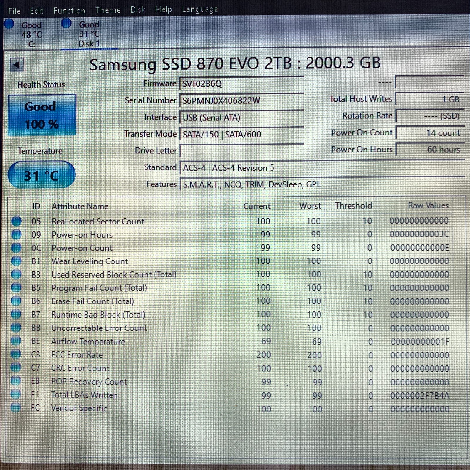 Samsung 870 EVO 2TB 2.5″ SATA III Internal SSD MZ-77E2T0 99-100% Health