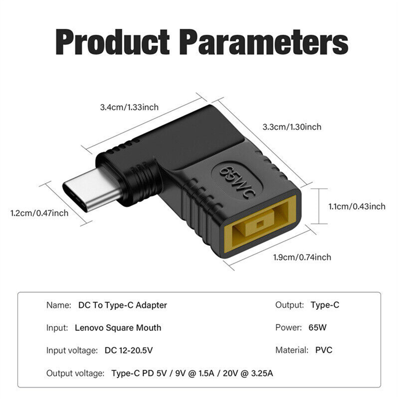 90 Degree 65W USB Type C To DC For Lenovo Power Charger Adapter Square Converter