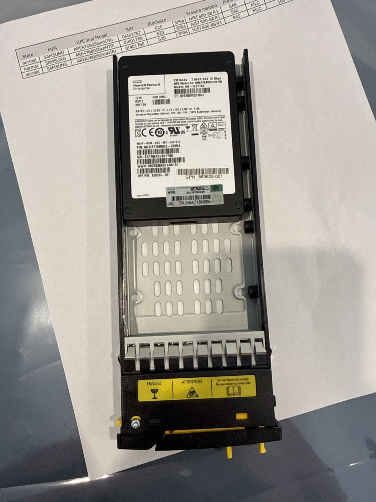 863460-001 HPE 3PAR 8000 7.68TB SAS 2.5IN SSD P9L83A P9L83B 97% – 100% Life