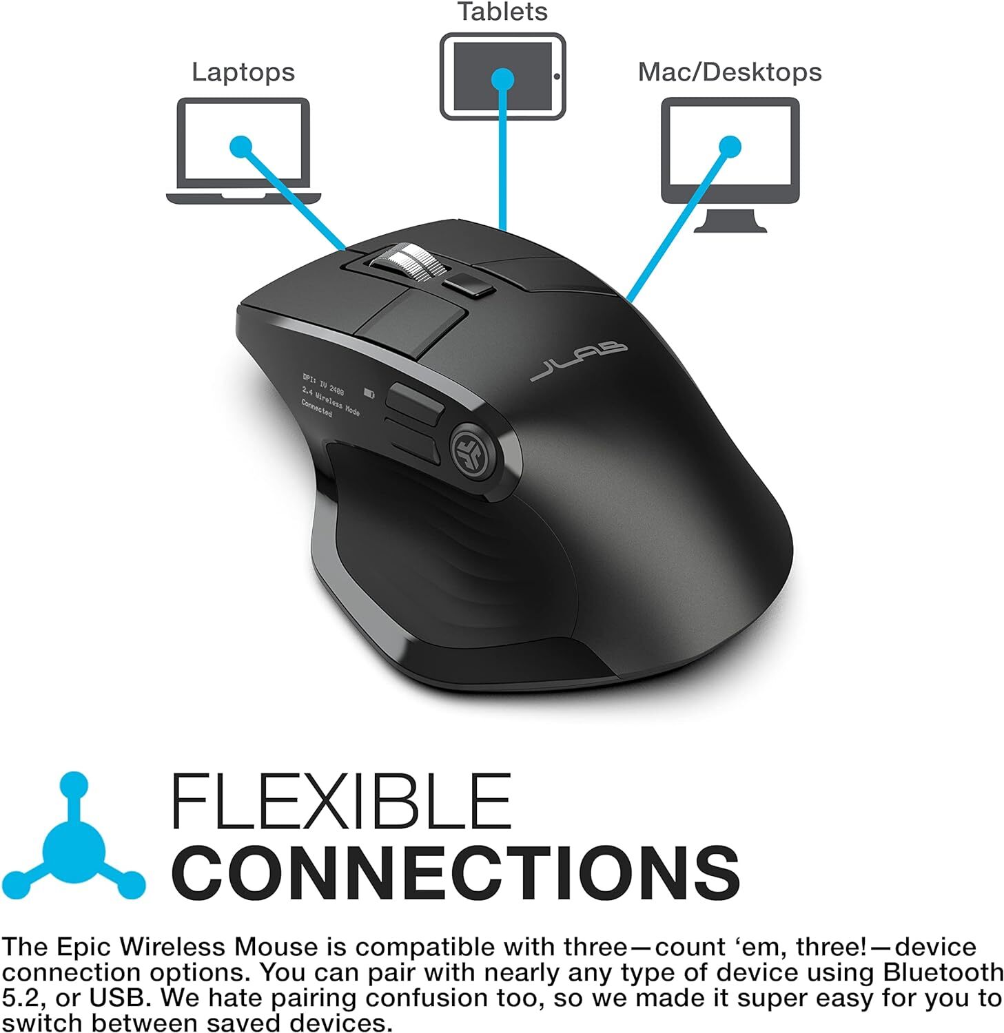 JLab Epic Wireless Mouse For PC, Laptop, Computer, Mice, 2.4G, Bluetooth, Black