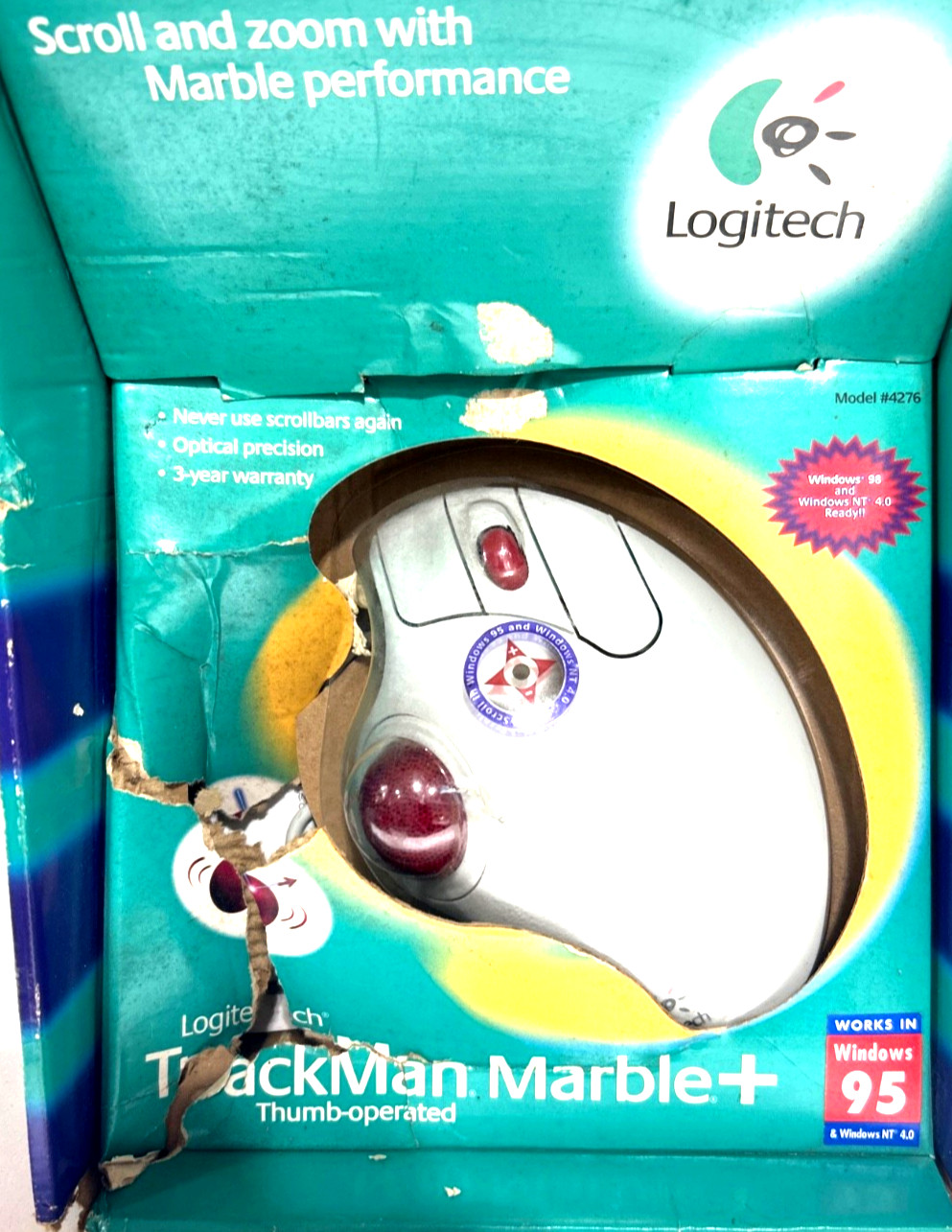 LOGITECH TrackMan Marble+ PLUS Thumb Operated Mouse Windows 95/98 Model 4276 NEW
