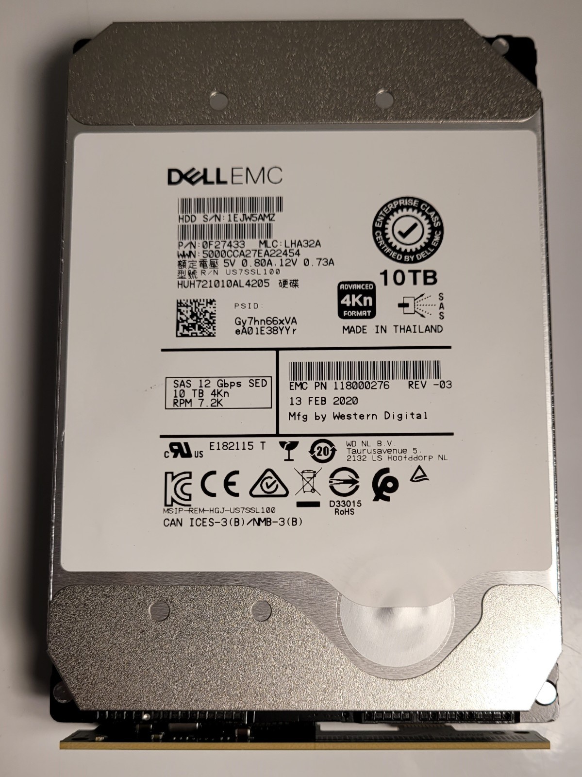 Dell EMC 0F27433 (HGST) 10 TB 3.5″ SAS 12 Gbps 4Kn SED HDD 118000276 REV-03