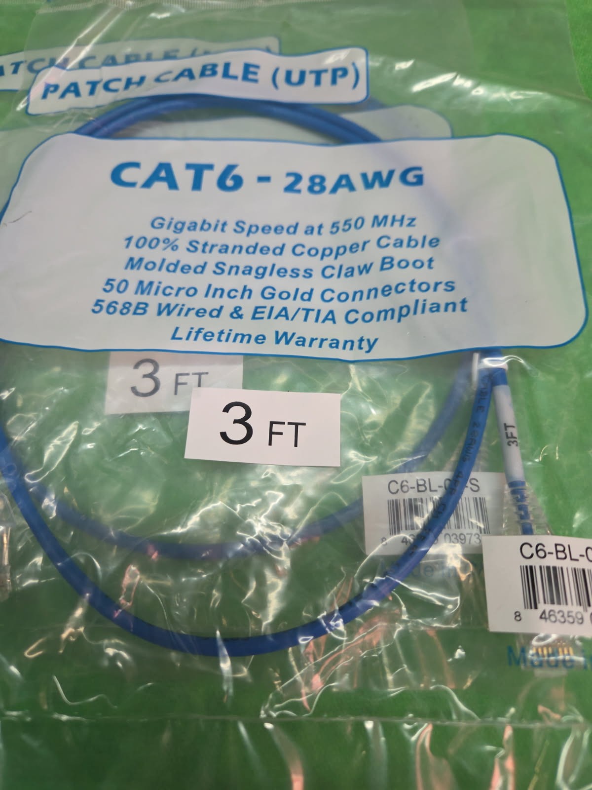 Ultra Slim CAT 6 UTP White & Blue Patch Cables 28AWG RJ45 3 feet NEW LOT 11 PCS