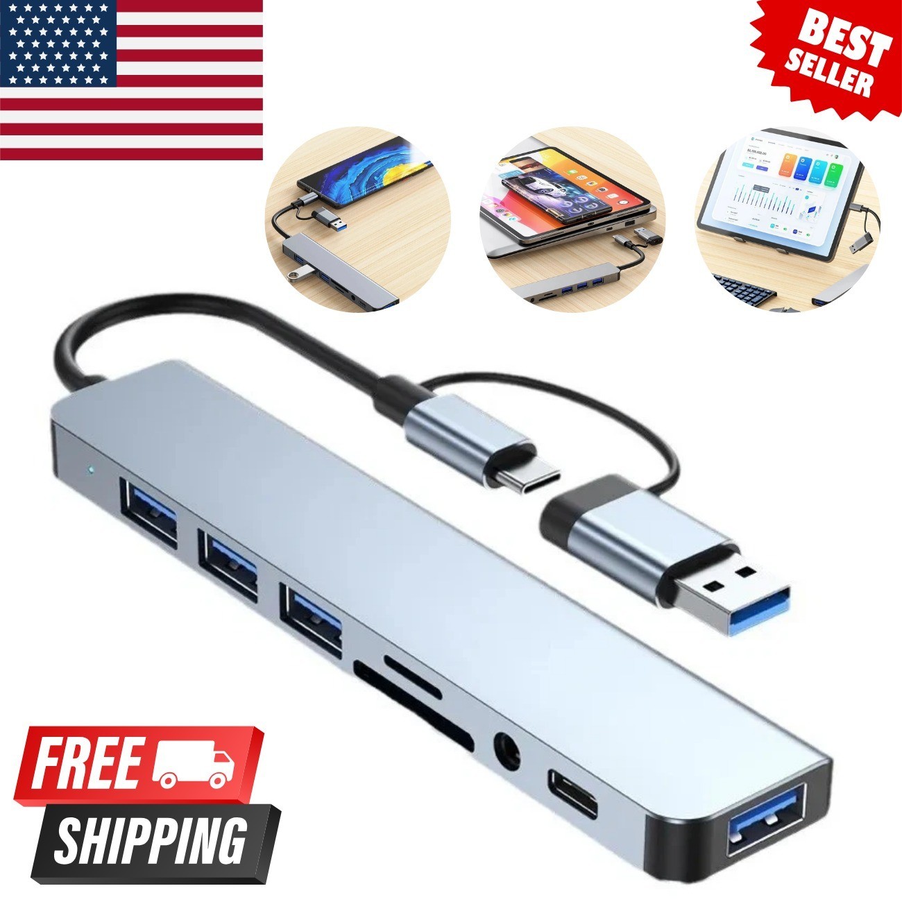 8-in-2 USB Type-C Hub Docking Station Audio Jack Micro SD Reader Adapter