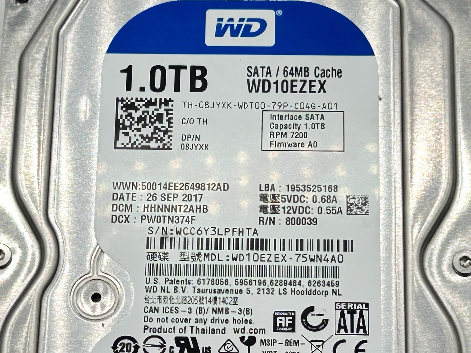 Western Digital WD Blue WD10EZEX 1TB HDD — Untested, Sold As-Is