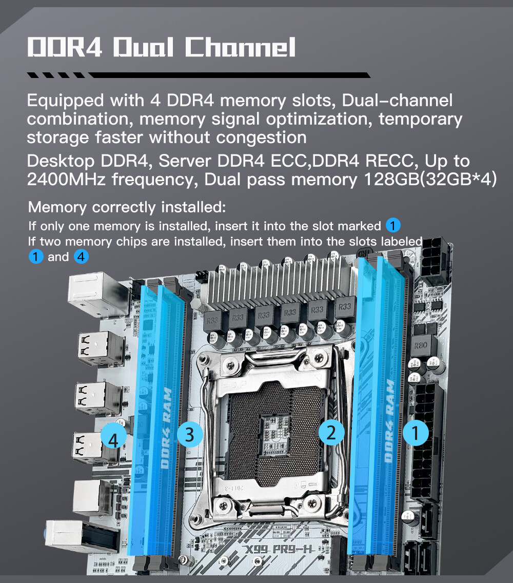 LGA 2011-3 X99 PR9 Gaming Motherboard For Intel XEON E5 V3 V4 4 DDR4 ECC REG RAM