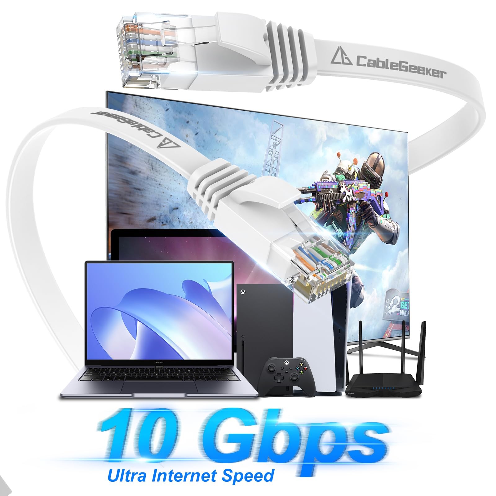 Cat 6 Ethernet Cable 30ft 10Gbps Flat LAN for Router, Modem, PS4/5, White