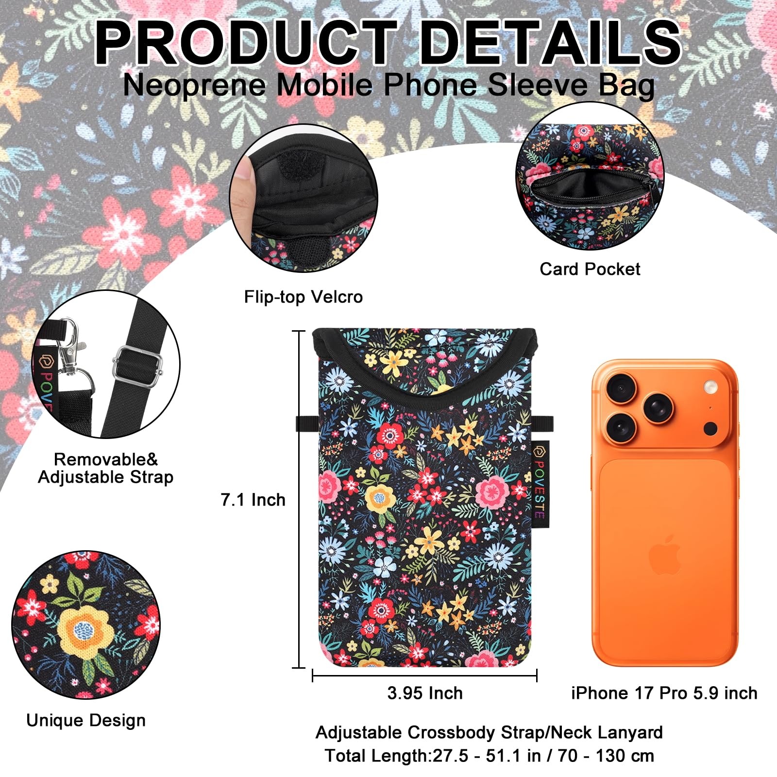 Poveste Neoprene Cell Phone Sleeve Pouch Case Bag Crossbody Strap Lanyard For