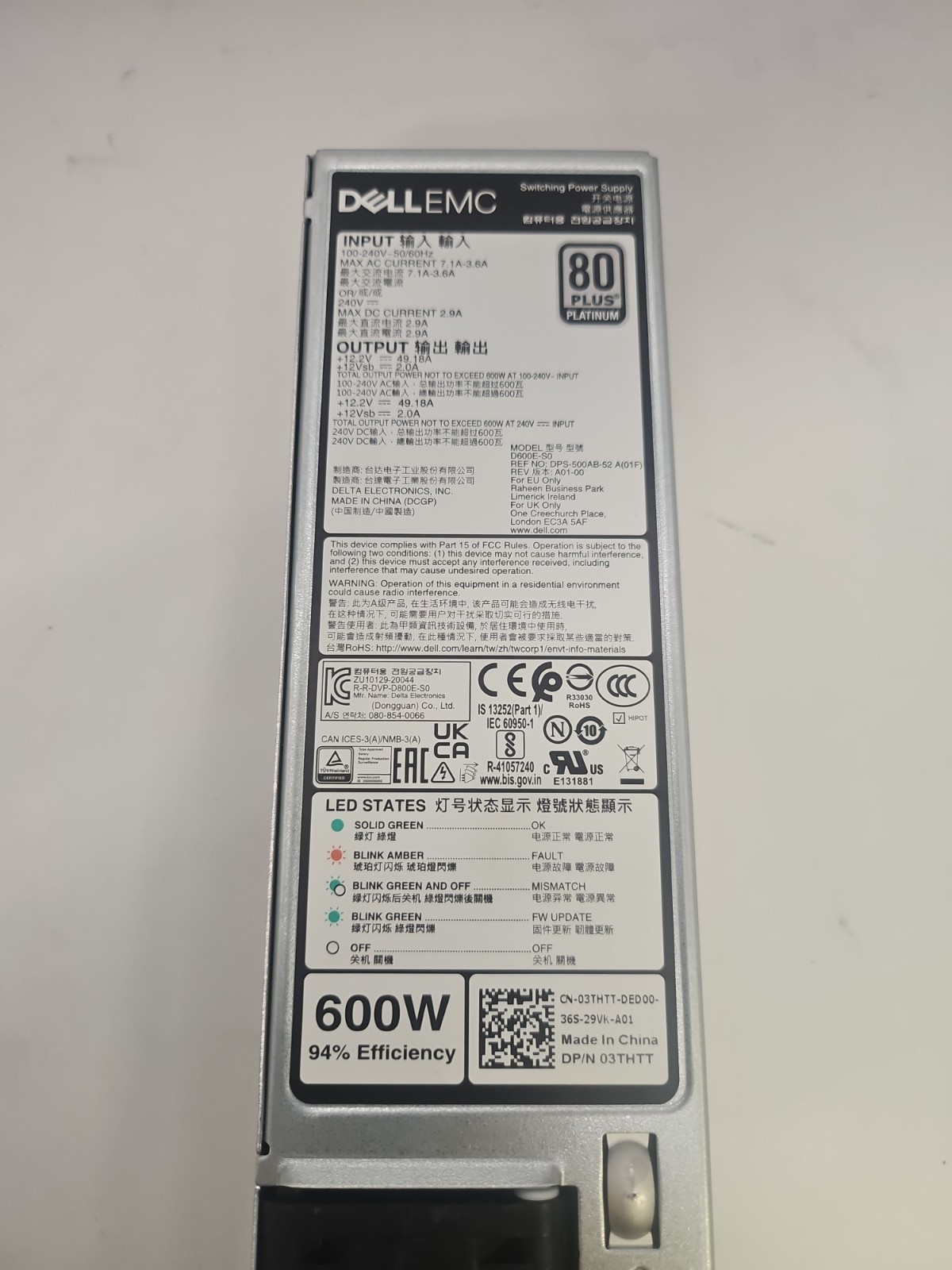 Dell EMC 600W 80Plus Platinum 03THTT D600E-S0 Switching Power Supply