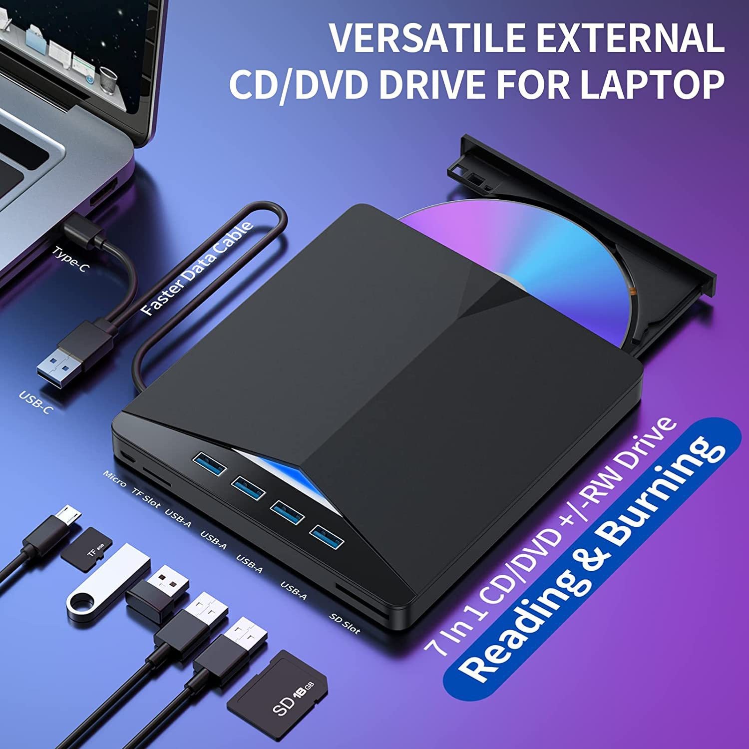 7-in-1 Slim External CD DVD Drive USB 3.0 Reader Writer Burner Player For Laptop
