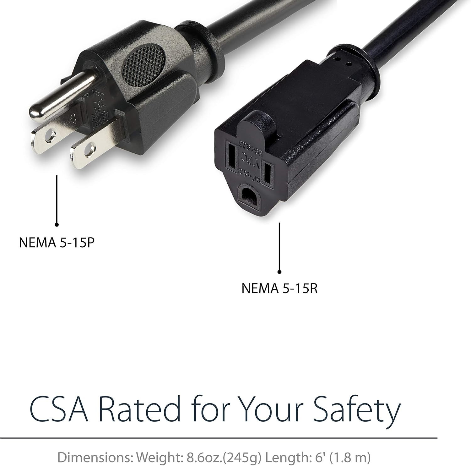 6ft 2m Power Extension Cord, NEMA 5-15R to NEMA 5-15P Black Extension Cord, 1…