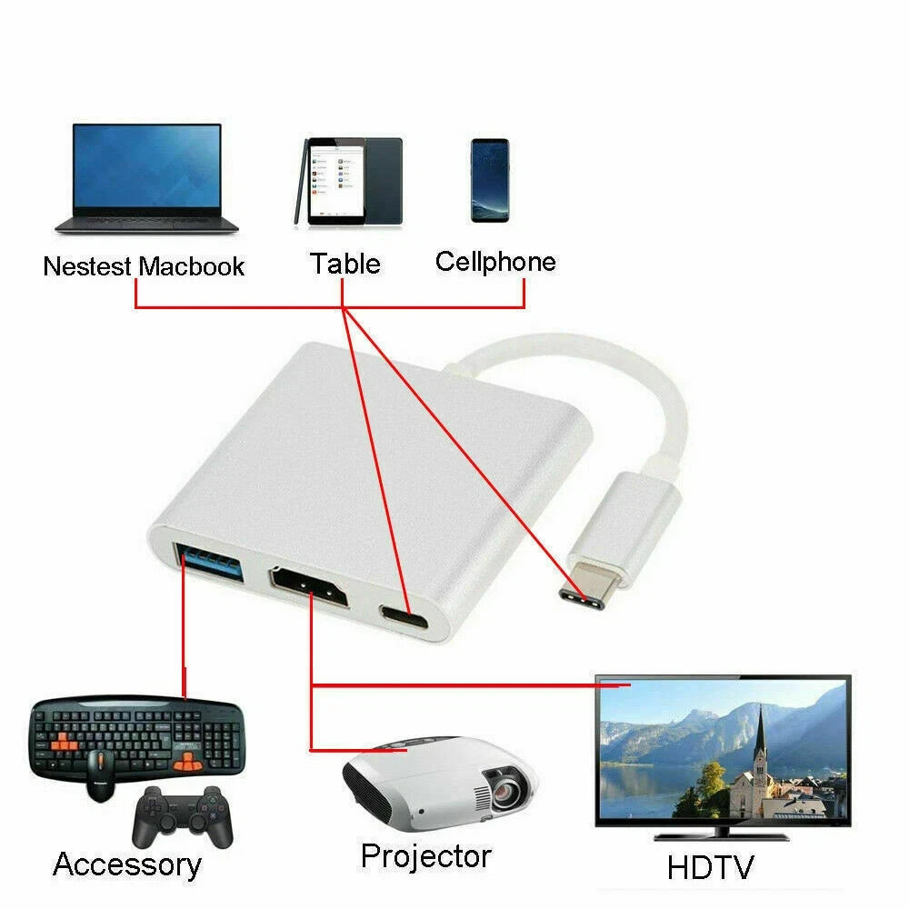 3 Port USB Type C Hub with 4K HDMI USB 3.0 PD Fast Charge