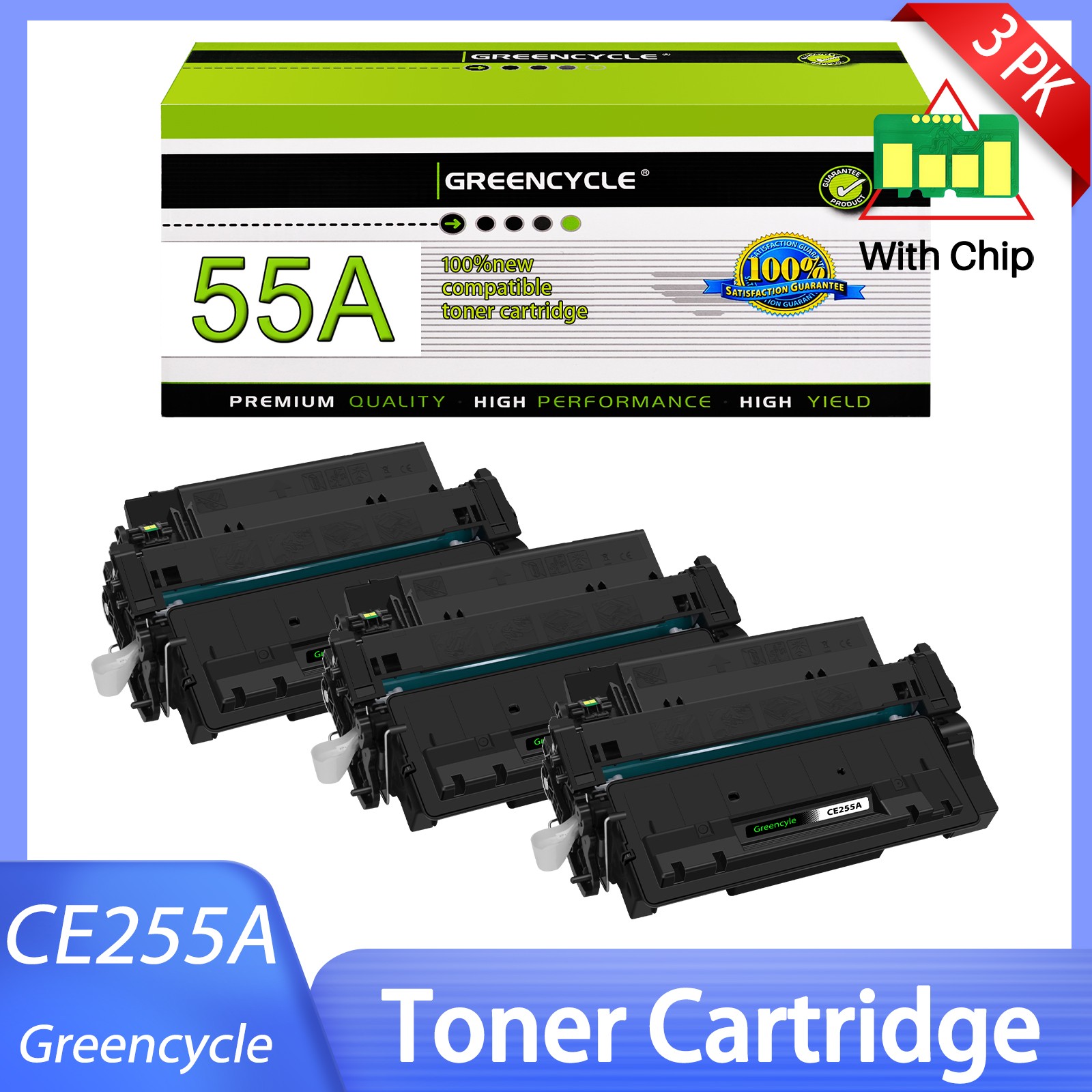 3PK CE255A 55A Toner fits for HP LaserJet Pro P3010 P3011 P3015 P3015DN P3015X