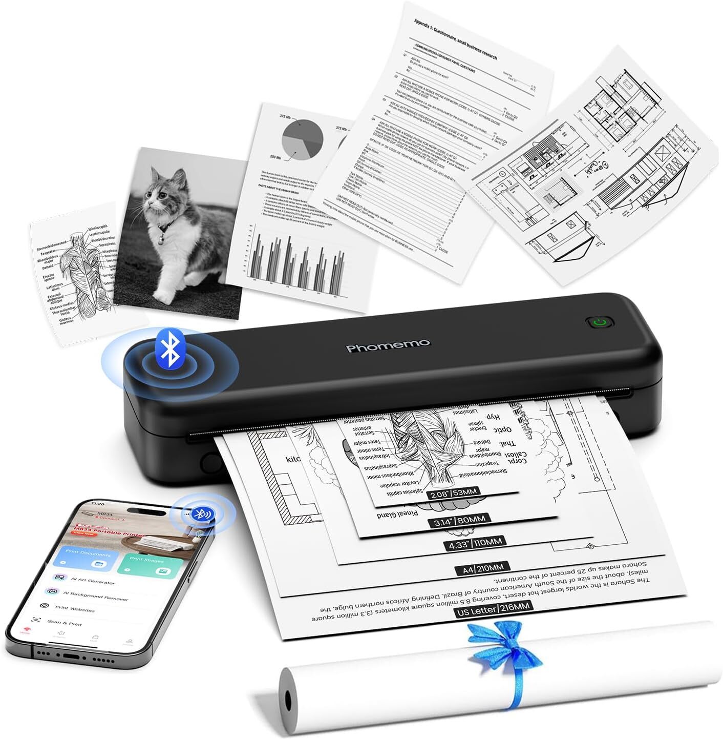 Phomemo M834 Portable Printer Wireless Thermal Printers Support US Letter A4 lot