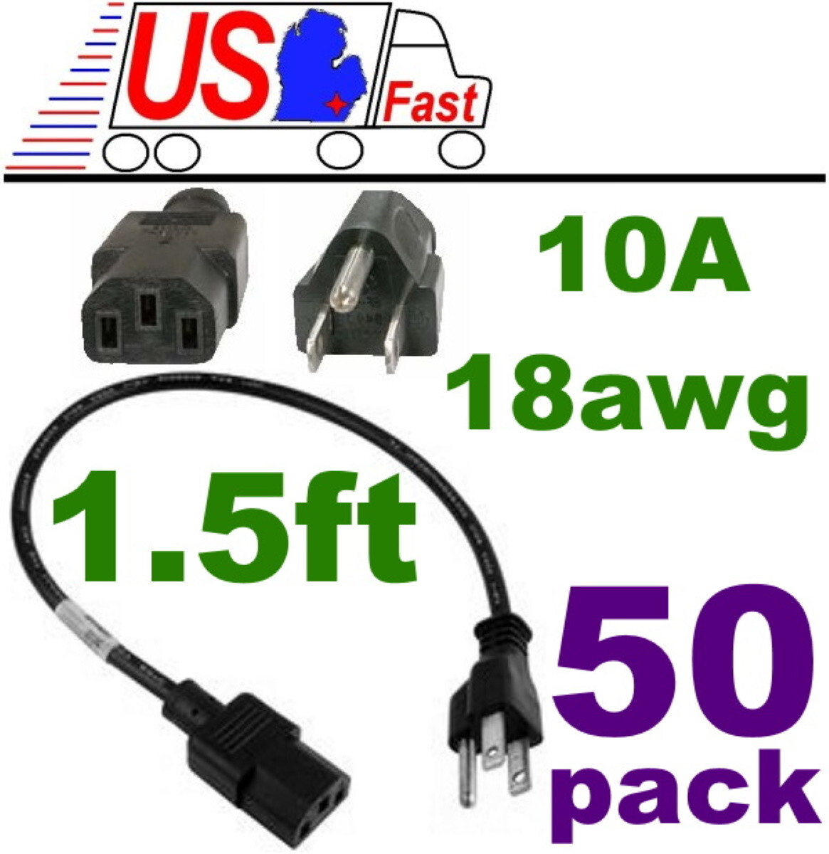 Lot50x 18″in/1.5ft Short Standard Power Cord/Cable/Wire PC/AC/Printer IEC320 C13