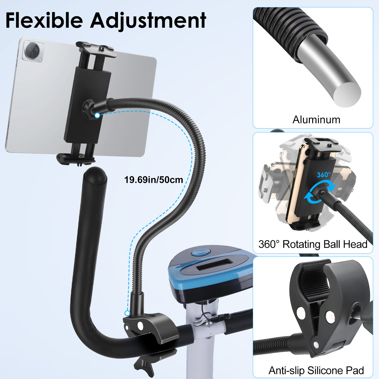 360°Adjustable Tablet Phone Mount for 4-13″ Spin Bike Treadmill Gooseneck Holder