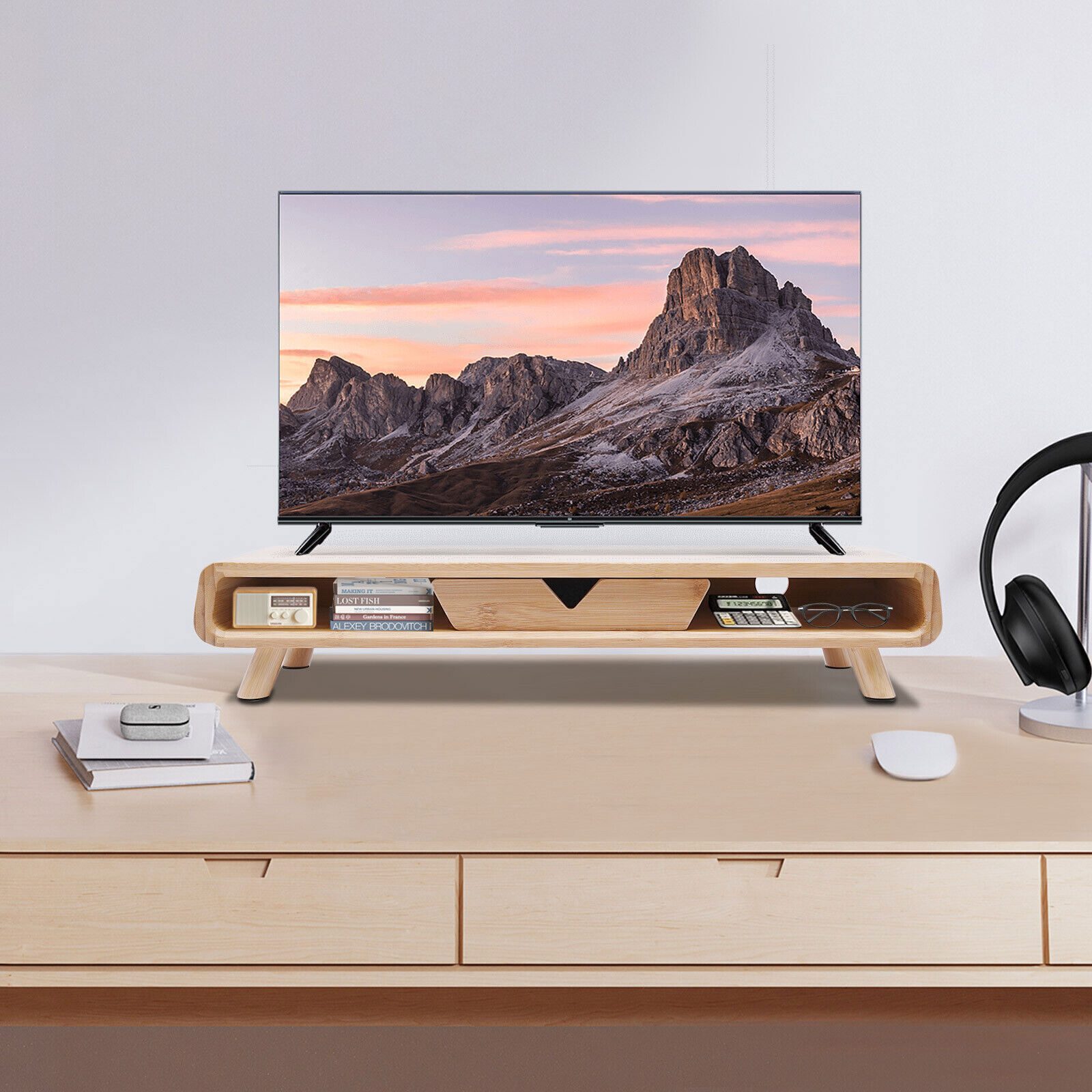 24in Bamboo Monitor Stand W/ Drawer Back Baffle Desktop Stand Riser 4.5in Height