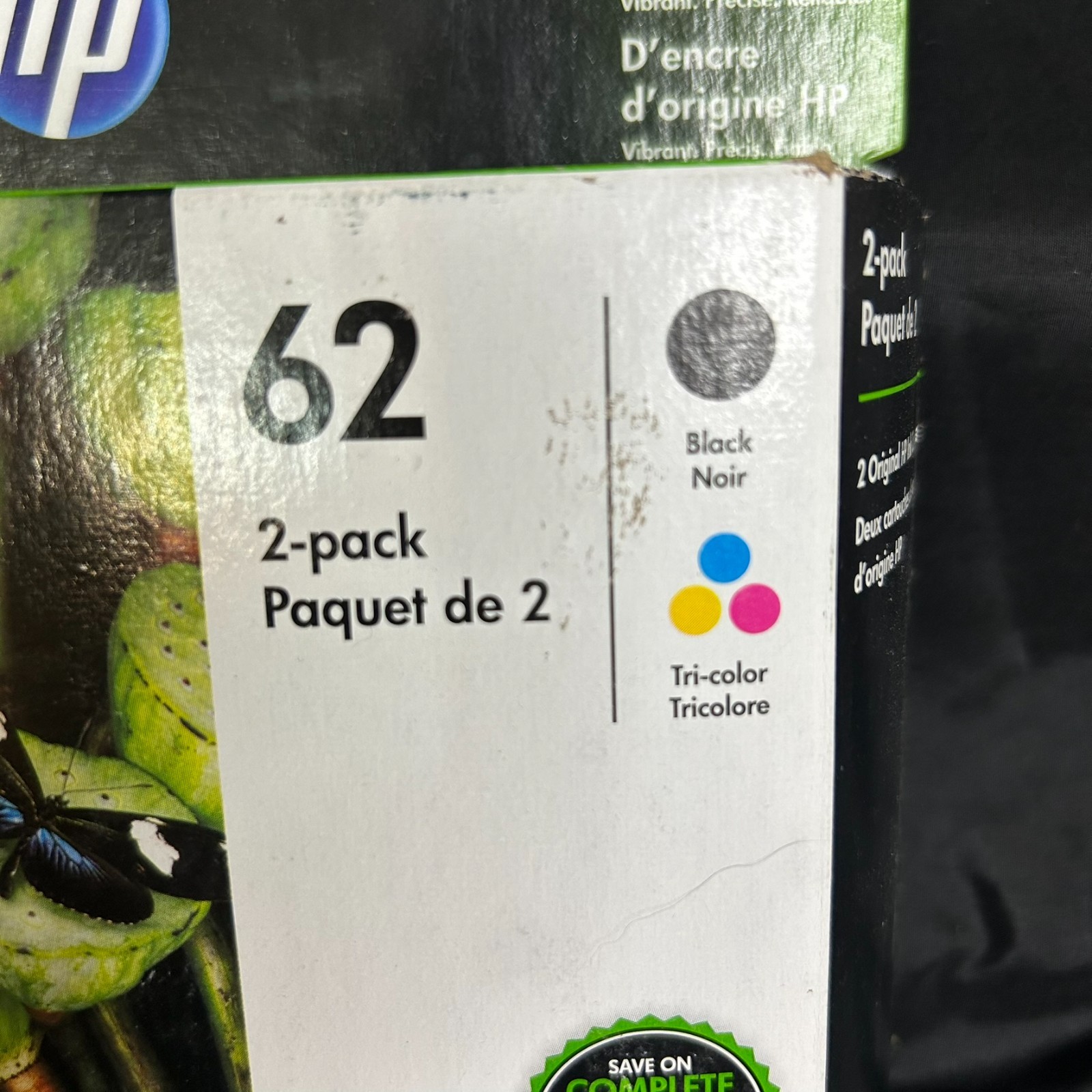 HP 62 Black Tri-Color Ink Cartridges N9H64FN Sealed Retail Box Exp. Nov. 2023