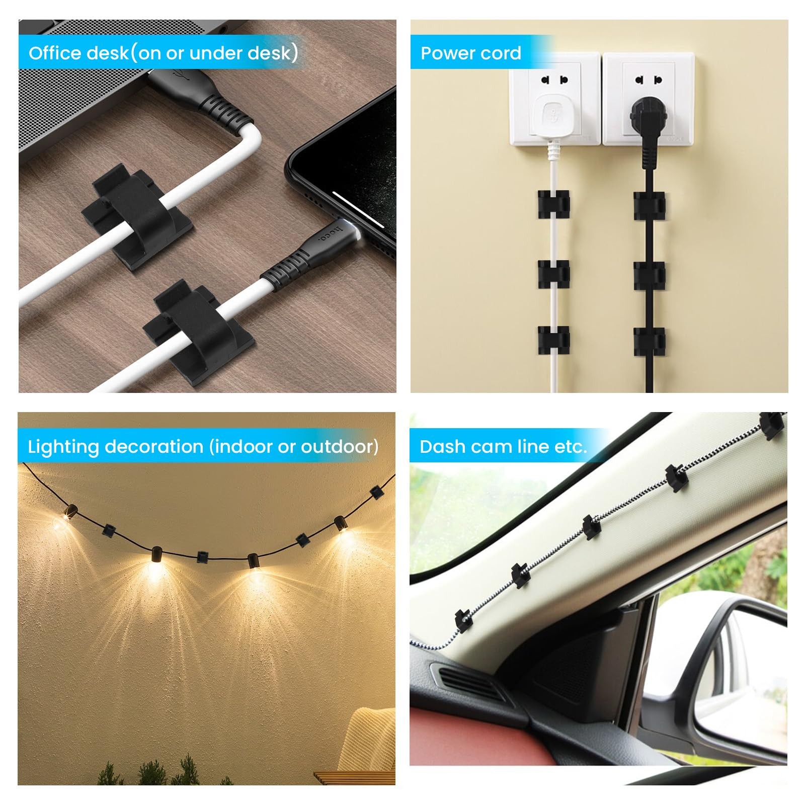 30 Black Cord Clips, Cable Management Under Desk For Phone Charger