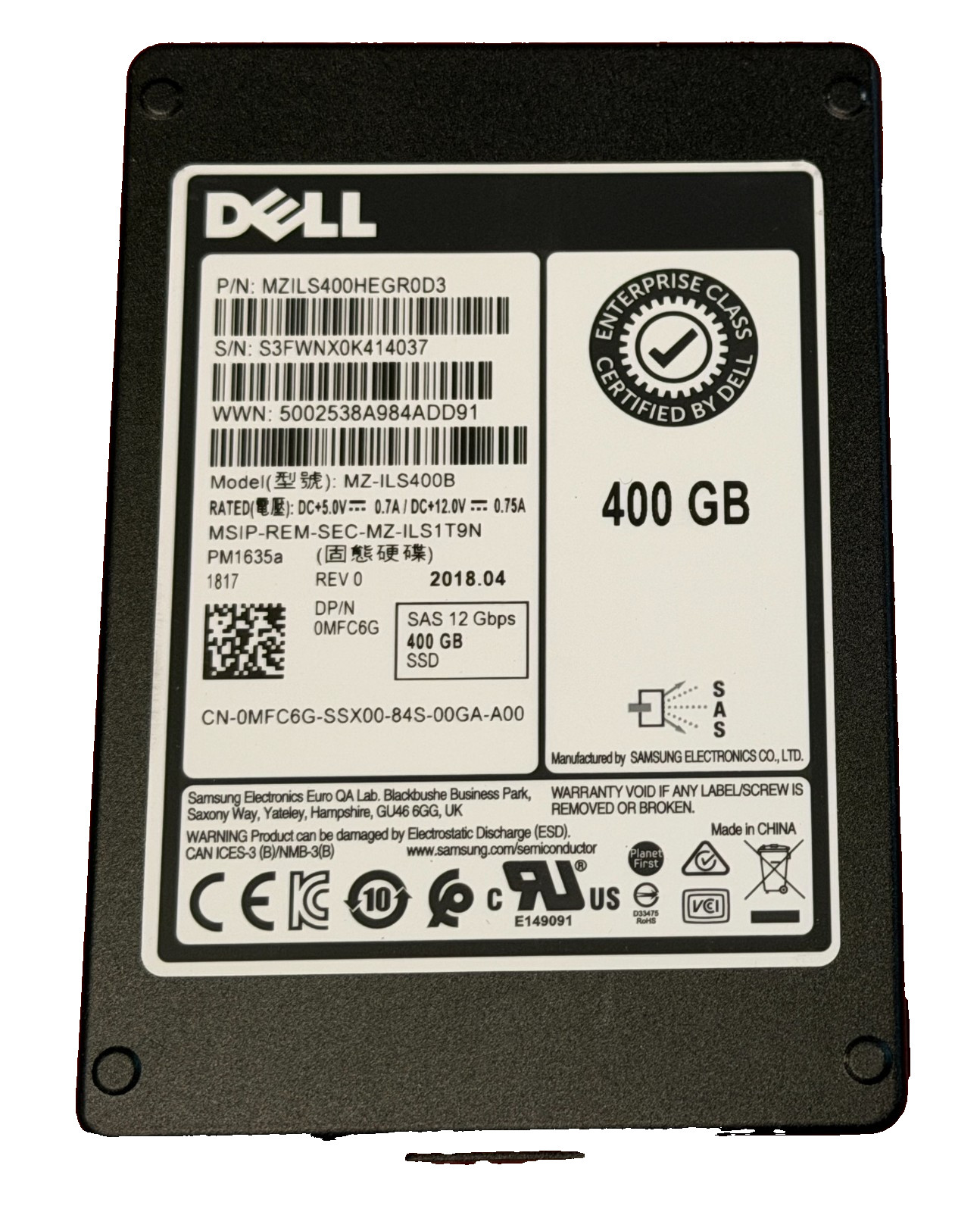Dell MZ-ILS400B 400GB 2.5″ SSD 12Gbps SAS P/N 0MFC6G
