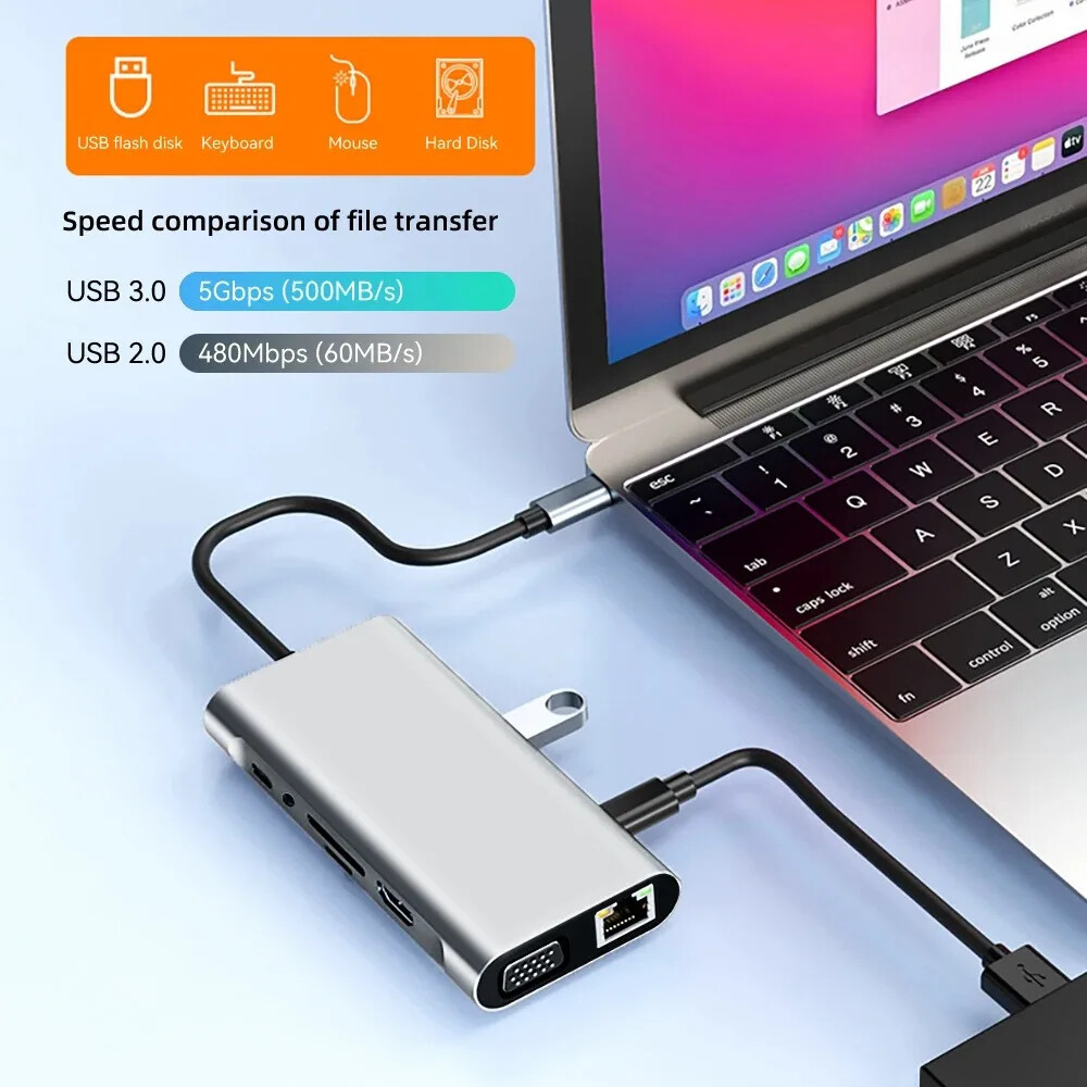 11in1 Type C Hub USB-C To USB 3.0 2.0 HDMI VGA Multi-Hub Dock TF/SD Card Reader