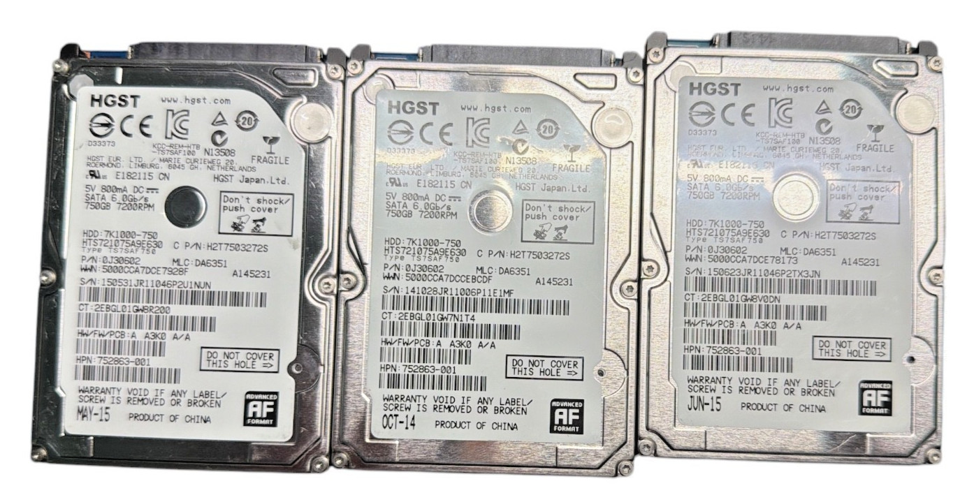 Lot of 3 HGST 750GB 7200RPM 2.5″ SATA HDD Wiped Tested CDI 100% Laptop