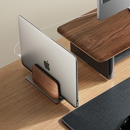 Vertical Laptop Stand Adjustable Width 0.79 to 1.42 Inch Walnut Wood Aluminum