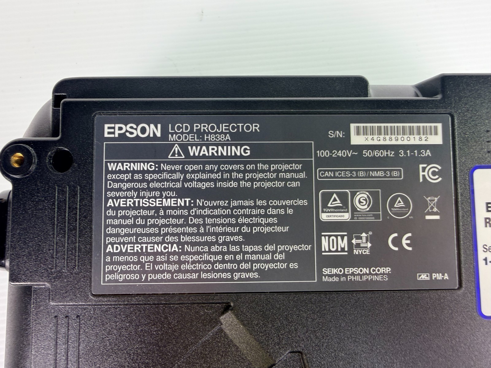 Epson 3LCD VS250 H838A 3200 Lumens Projector ~310Hrs