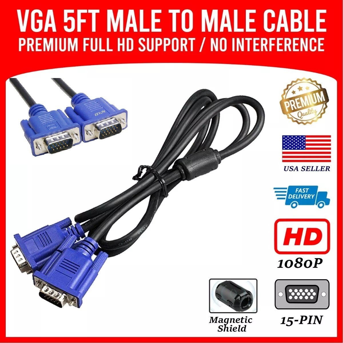 5ft SUPER VGA Monitor 15PIN M/M Male To Male Cable CORD FOR PC TV HDTV Blue Us