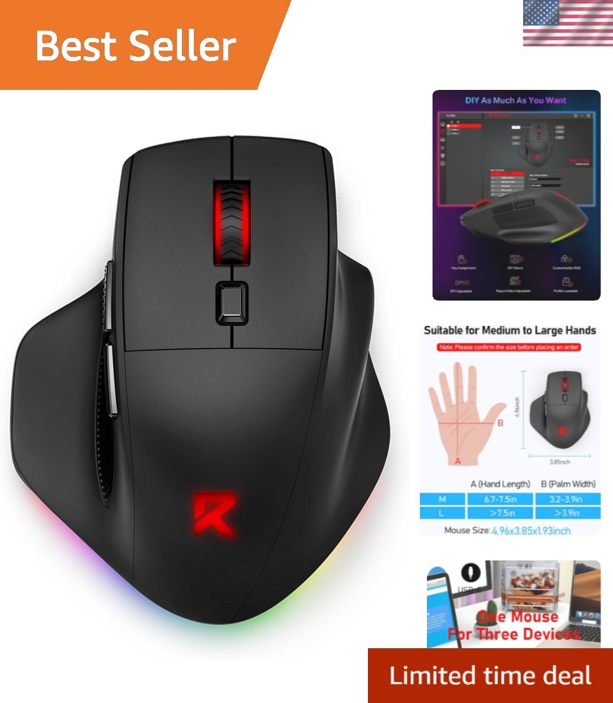 Large Wireless Gaming Mouse for Big Hands, Tri-Modes 2.4G/Bluetooth/Wired Rec…