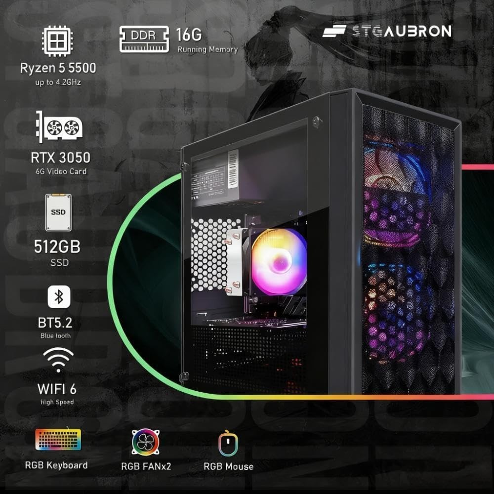 STGAubron Gaming PC Desktop,Ryzen 5 5500 up to 4.2GHz,RTX 3050 6G,16G,512G,W11H