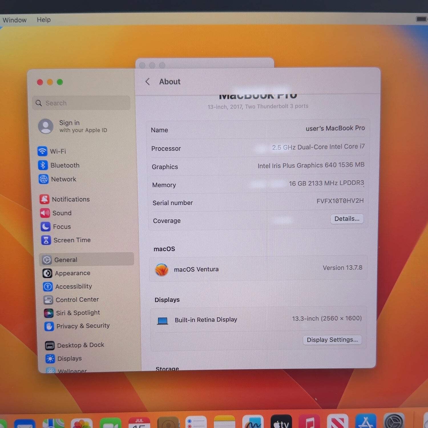 2017 Apple MacBook Pro 13.3″ i7 2.5GHz 16GB RAM 256GB SSD Space Gray BTO/CTO