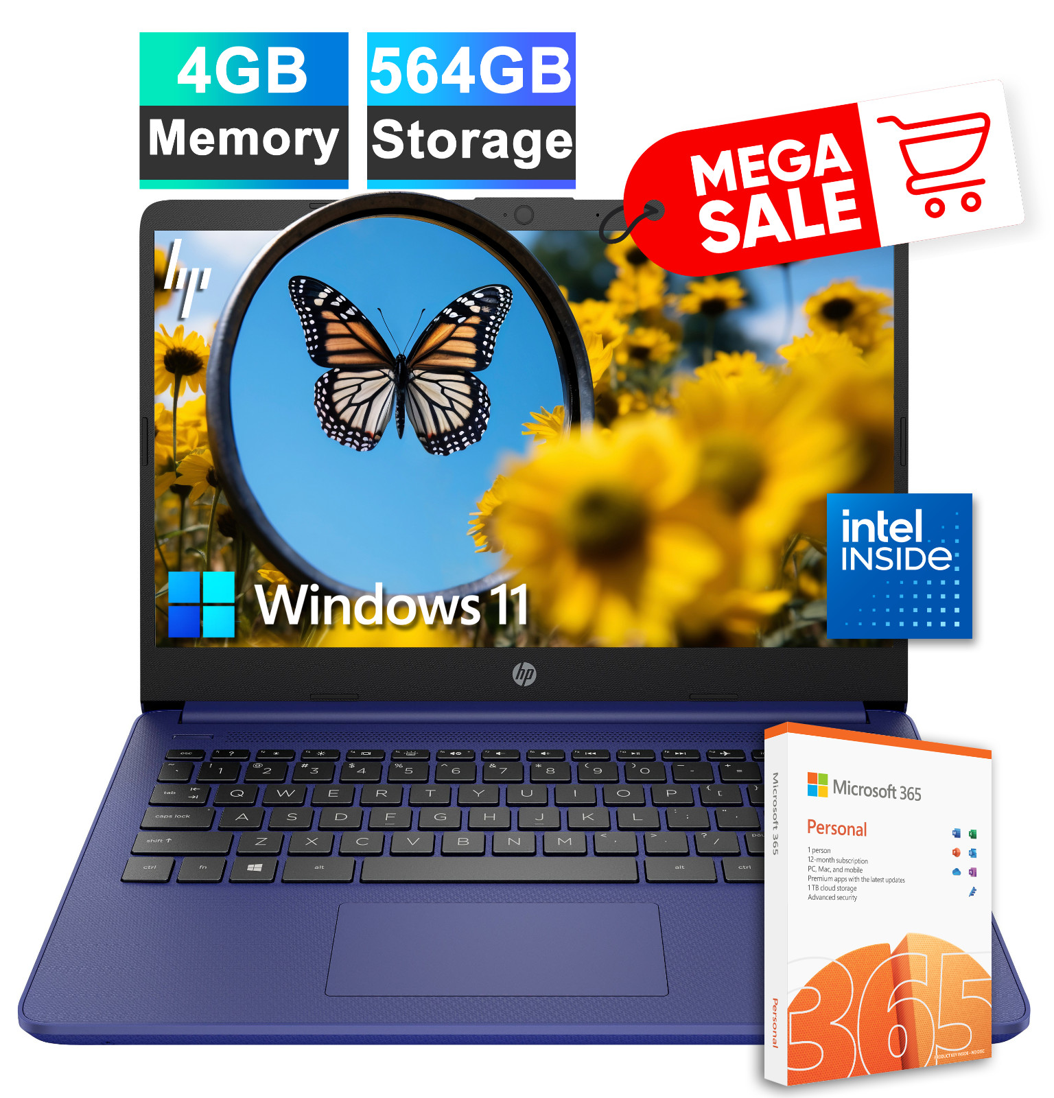 NEW HP Laptop Computer 14″ Intel Processor 4GB RAM 564GB Storage Free Office 365