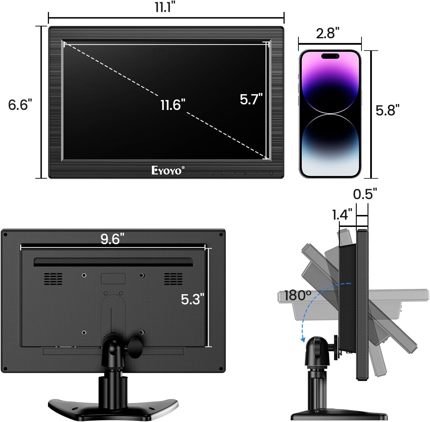 Eyoyo 12″ TFT LCD Monitor with AV BNC HDMI VGA Input 1366×768 for PC CCTV Game