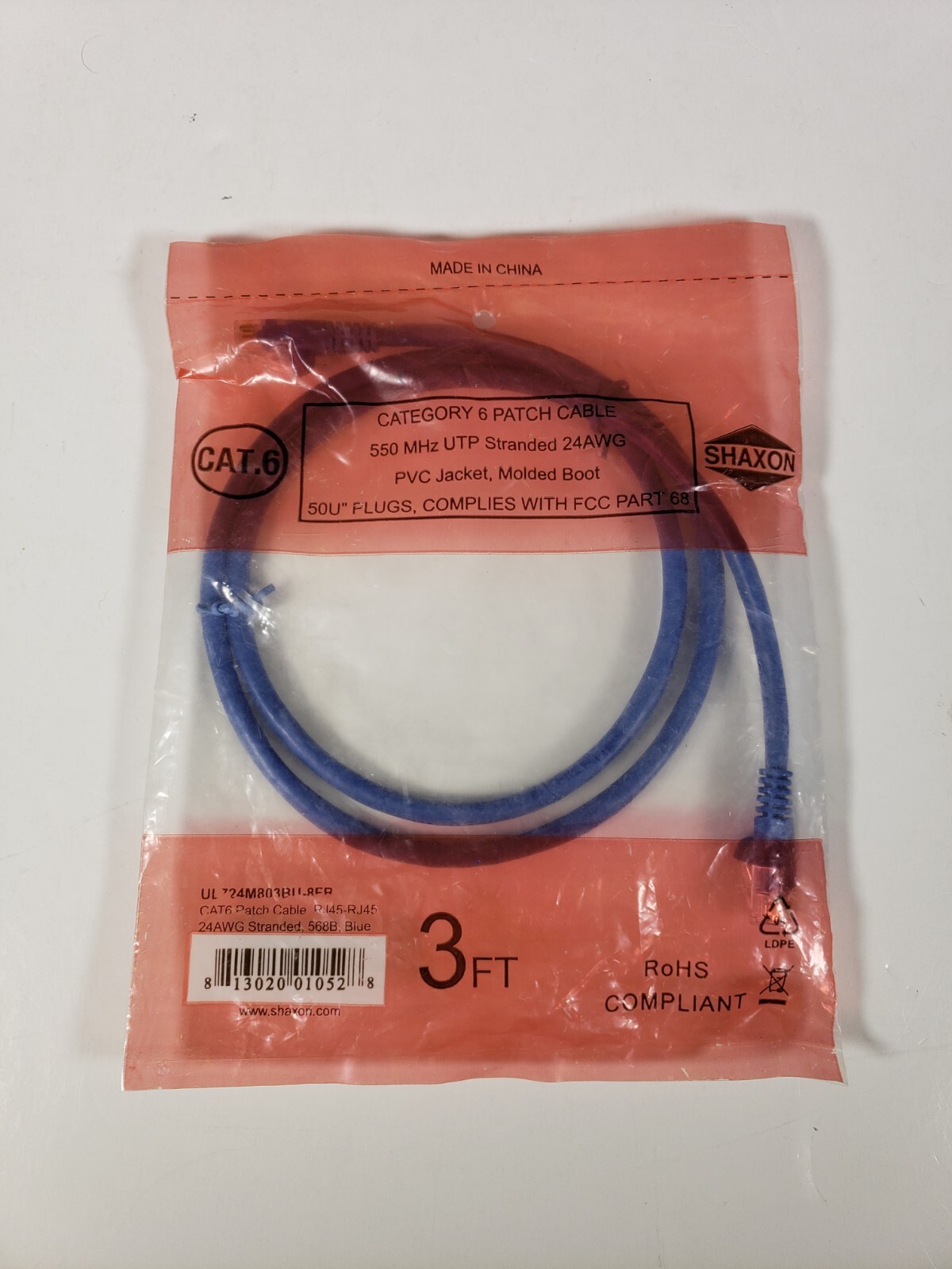 Shaxon UL724M803BU-8FR CAT6 Patch Cable RJ45-RJ45, 24AWG Stranded 568B Blue 3 ft