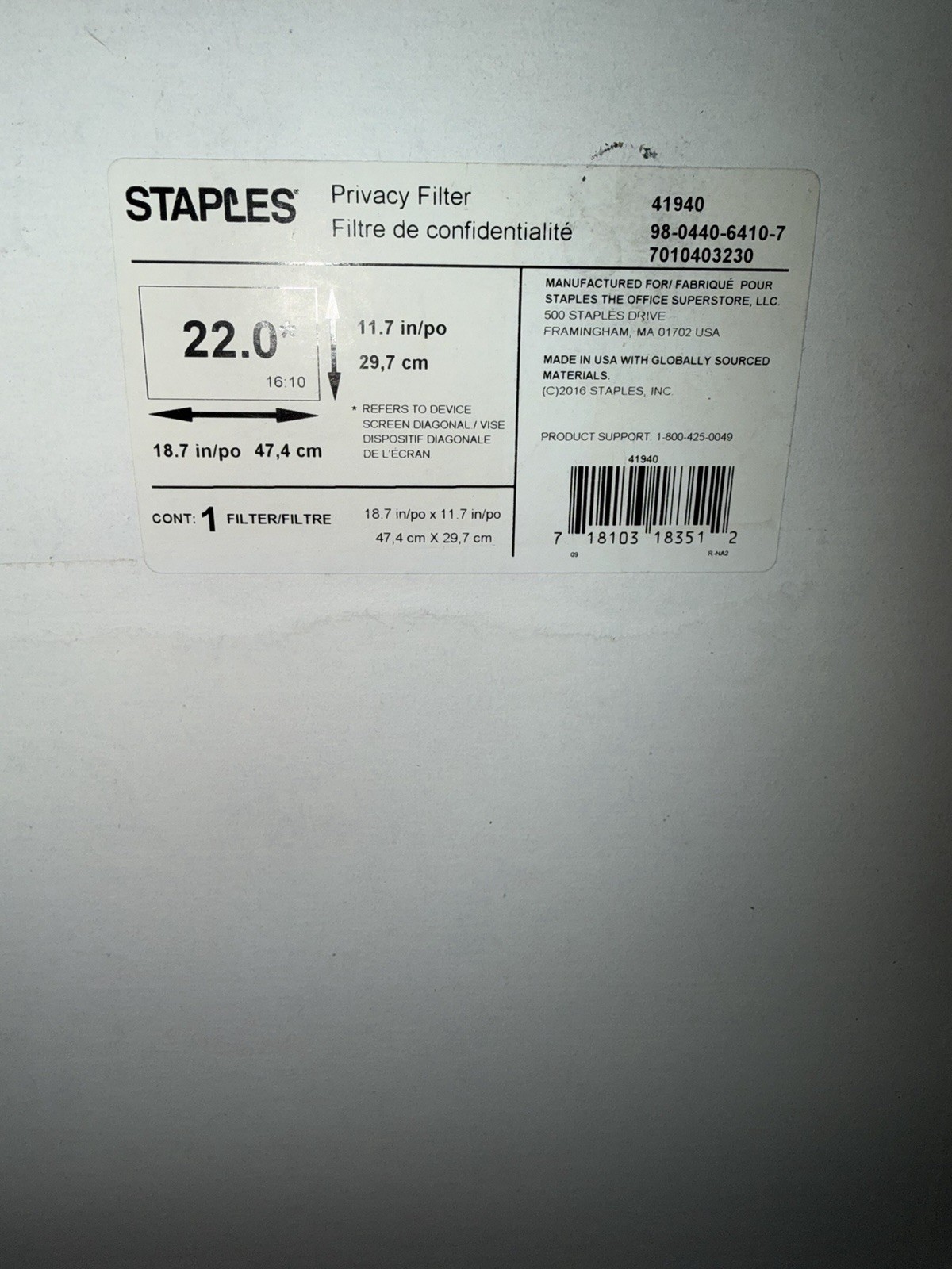 Staples Privacy Filter 22.0″ Universal 41940 18.7 x 11.7 in Monitor Screen