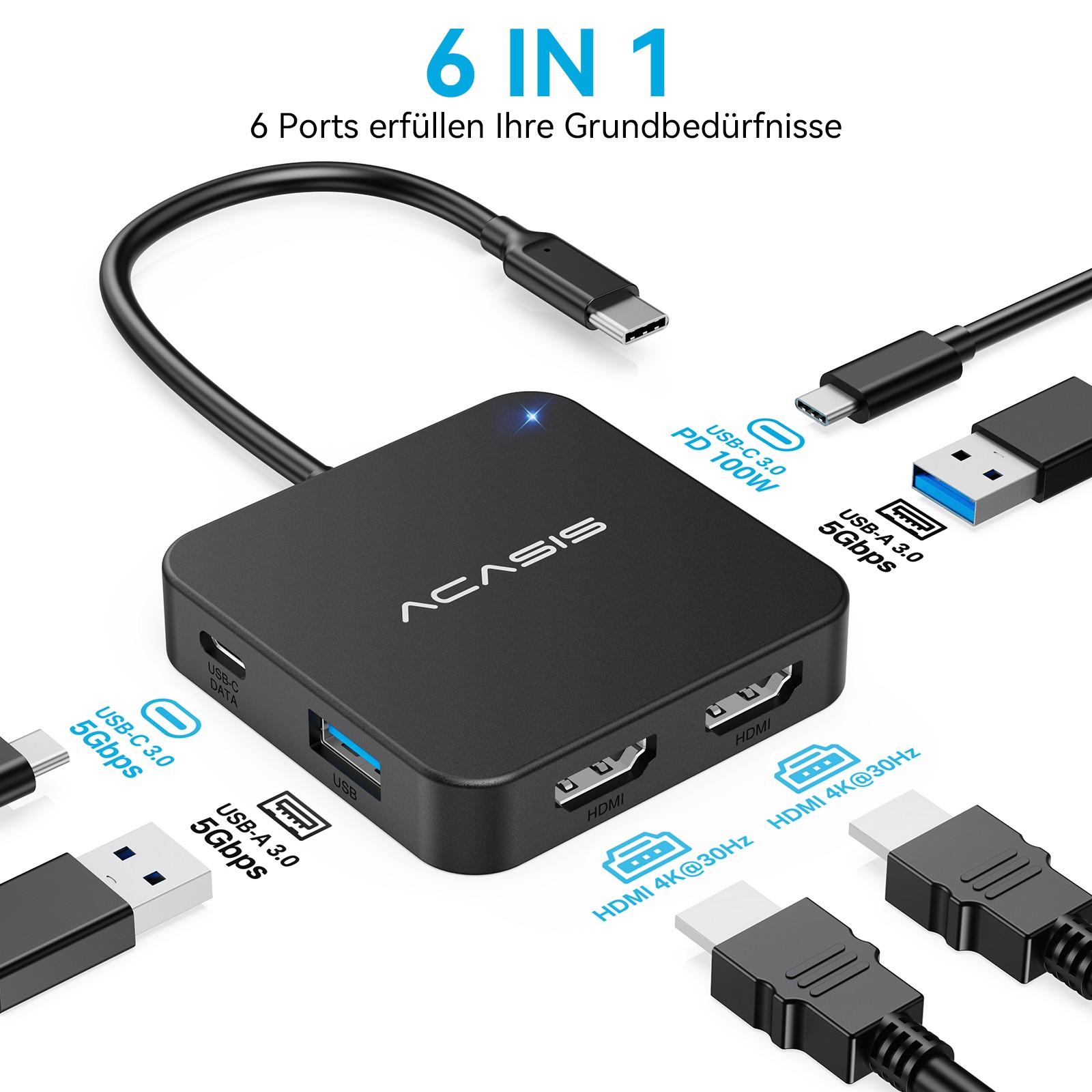 Acasis 6 in 1 4K USB C Hub Multiport Adapter for MacBook Pro/Air