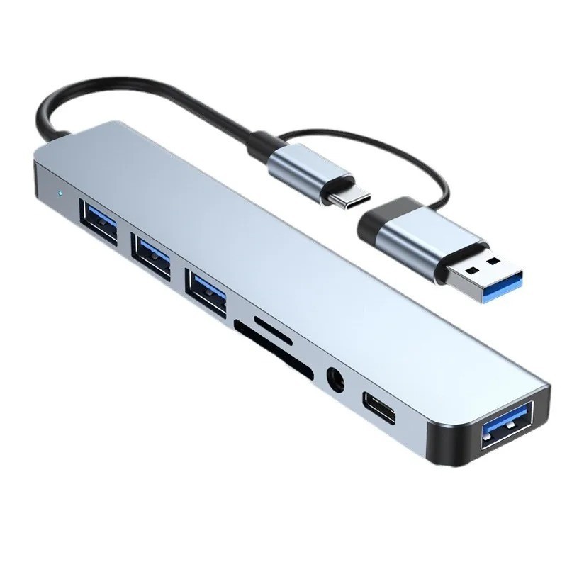 8-in-2 USB Type-C Hub Docking Station SD TF Card Reader 3.5mm Audio Adapter