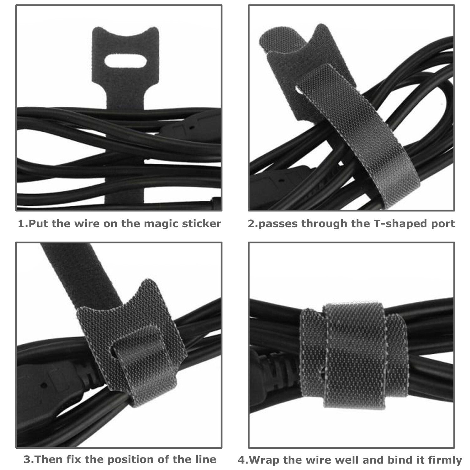 100 PCS Cable Straps Reusable Wire Cord Hook Loop Ties Black Fastening Organizer