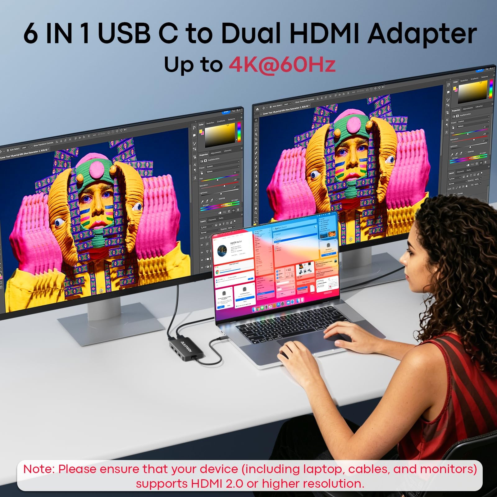 6-in-1 USB Hub (0.99FT), USB C to Dual HDMI Adapter 4K@60Hz, HDMI Splitter Ex…