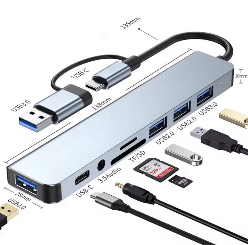 8 In 2 USB + Type C Hub Docking Station With 3.5mm Audio Jack Adapter
